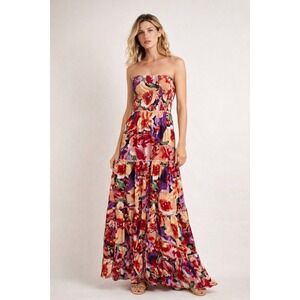 Abel The Label Womens Floral Smocked Tiered Maxi Dress Strapless Multicolor S